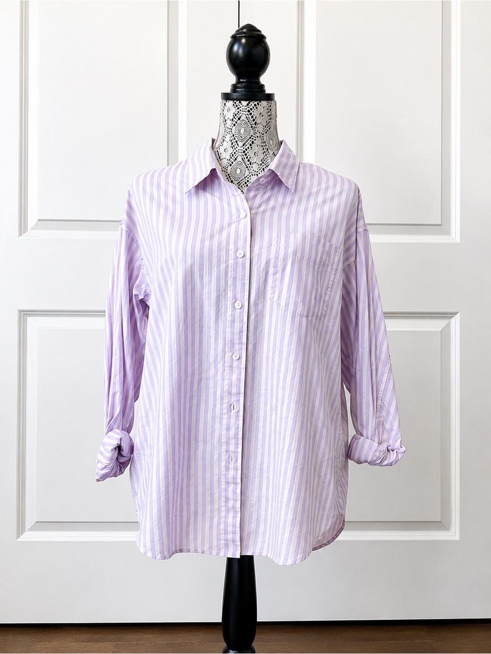 Aritzia Lavender Striped Button-Up Blouse with Matching Lilac Cardigan - Picture 2 of 8